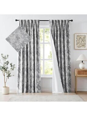 Brand New Randall Gray Leaf Print 90%-Curtains – Set of 2